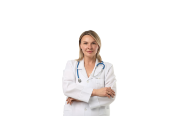 Confident female doctor stands with crossed arms, isolated on white, PNG