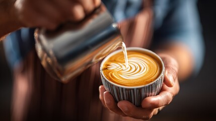 Latte Art Coffee Preparation: Pouring Milk into Coffee Cup