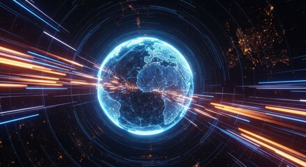 Digital Earth Globe with Data Streams and Light Trails Representing Global Connectivity