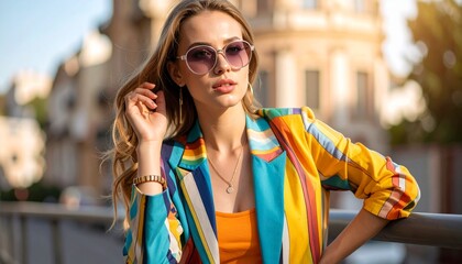 A stylish young woman with sunglasses poses outdoors, wearing a colorful striped blazer and orange top, with a blurred cityscape in the background.