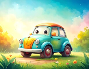 Cartoon car in a sunny meadow