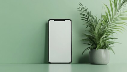Modern smartphone mockup on mint green backdrop with plant