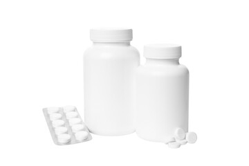Two bottles next to a strip of pills, isolated on white, PNG