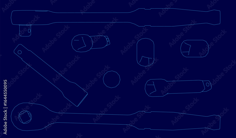 Aufkleber blueprint of various wrenches with detailed contours and ratchet designs on a solid blue background.