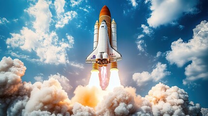 Rocket launching into a blue sky with clouds and flames.