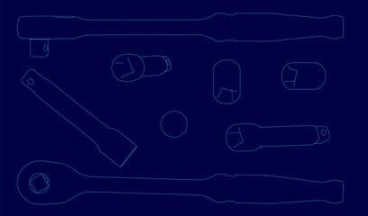 Blueprint of various wrenches with detailed contours and ratchet designs on a solid blue background. Each tool has a distinct shape and size, highlighted by the stark contrast against the white.