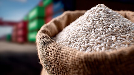 Obraz premium Sacks of grain filled with abundant white rice coarse burlap texture food
