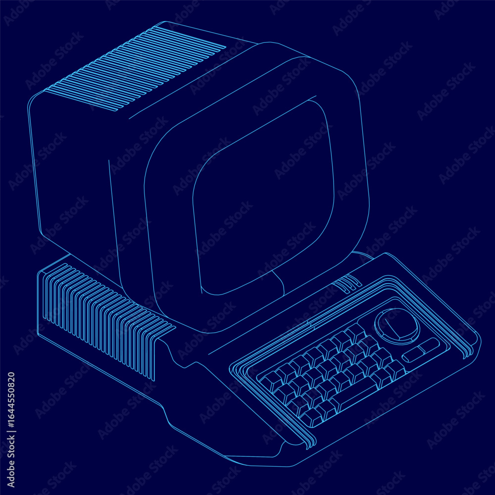 Poster retro computer with a black screen and keyboard placed on a vibrant blue background. the classic mon