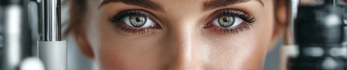 Fototapeta premium Young woman sitting at eye examination machine in ophthalmologist office, realistic detail, clean medical setting, natural expression.