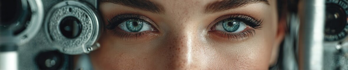 Fototapeta premium Young woman sitting at eye examination machine in ophthalmologist office, realistic detail, clean medical setting, natural expression.