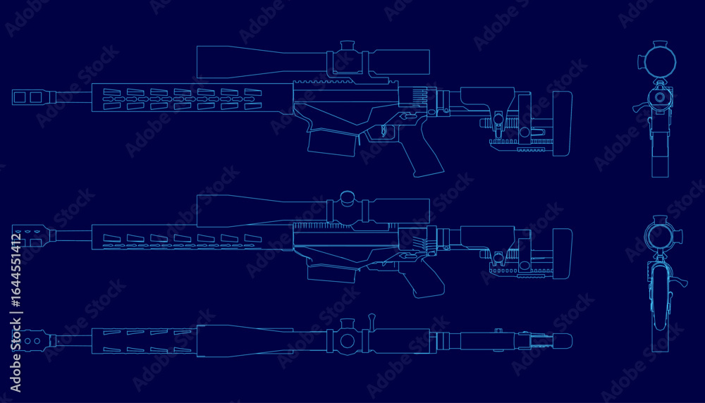 Poster a detailed blueprint of a sniper rifle with precise contour lines and labeled components on a blue b
