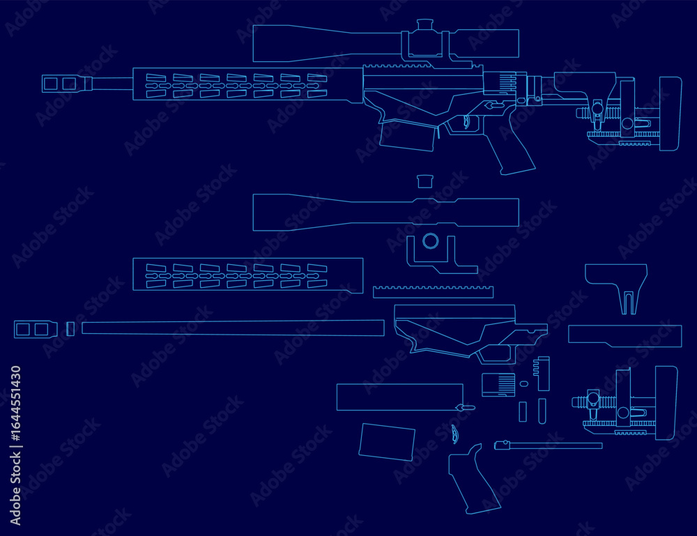 Poster detailed blueprint of an rifle with labeled parts and numbered components on a blue background. the 