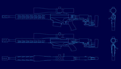 A detailed blueprint of a sniper rifle with precise contour lines and labeled components on a blue background. The technical drawing highlights the weapon's intricate design and mechanical structure.