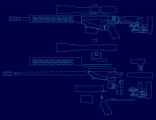 Detailed blueprint of an rifle with labeled parts and numbered components on a blue background. The technical drawing highlights the sniper rifle's contour and mechanical structure.