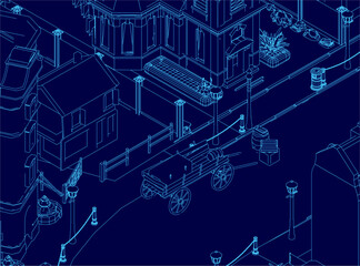 A medieval town blueprint features a horse-drawn carriage, detailed buildings, and vintage street poles with lamps. The design includes plants, barrels. Isometric view. 3D
