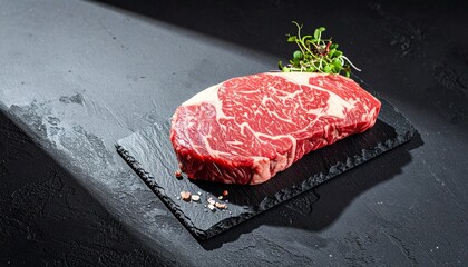 Raw wagyu beef slice on a black slate board, minimal garnish of microgreens and himalayan pink salt, luxury food advertising