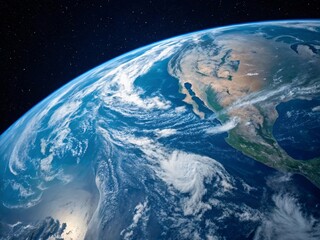 Breathtaking view of planet Earth from the deep blackness of outer space, showcasing North America's continents and atmospheric clouds.