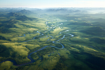 aerial view of winding river through green valley