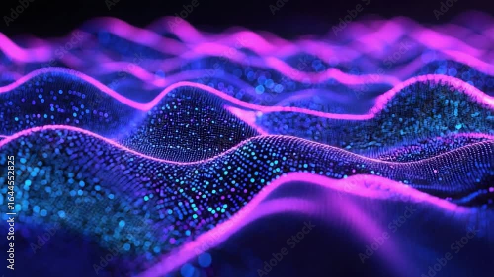 Poster colorful abstract waves of light creating fluid motion in a digital environment with sparkling parti