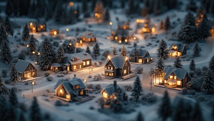 Fototapeta premium Snowy village at night, illuminated by warm lights (1)