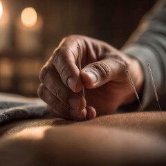 Fototapeta premium Close-up of acupuncture needle being gently placed in patient’s back during calm therapy session with soft warm light.