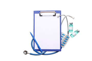 Colorful medical supplies arranged on a clipboard, isolated, PNG
