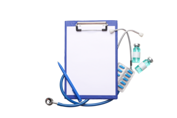 Colorful medical supplies arranged on a clipboard, isolated, PNG