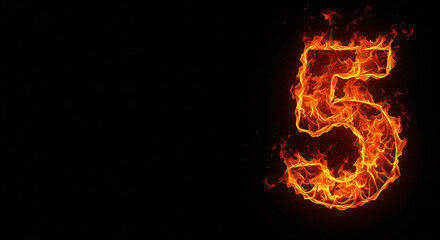 Fiery Number Five: Burning Orange Flames on Black Background, Graphic Element for Design and Creative Projects