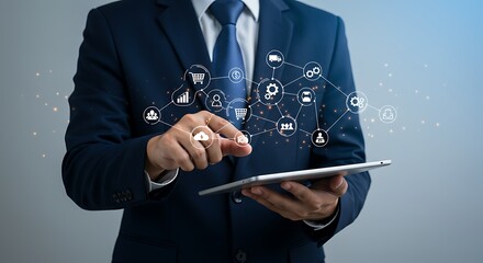 Businessman connecting digital network with tablet, concept of modern technology and global connectivity for business growth