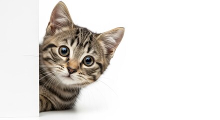 Obraz premium Adorable kitten peeking around white border image studio shot for commercial use