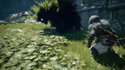 A hooded figure in a lush environment