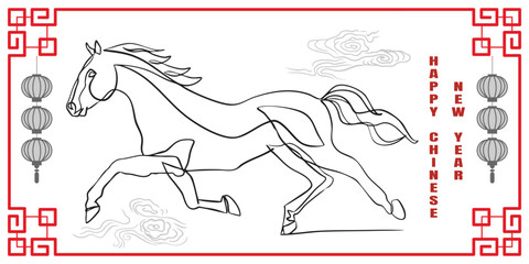 Chinese New Year 2026, the year of the Horse, red and gold line art characters, simple hand-drawn Asian elements with craft (Chinese translation: Happy Chinese New Year 2026, year of the Horse)