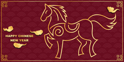 Chinese New Year 2026, the year of the Horse, red and gold line art characters, simple hand-drawn Asian elements with craft (Chinese translation: Happy Chinese New Year 2026, year of the Horse)