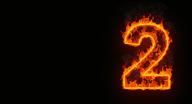 ''Fiery Number Two Illuminated in Vibrant Orange Flames Against a Dark Background, Creating a Dramatic and Intense Visual Effect''