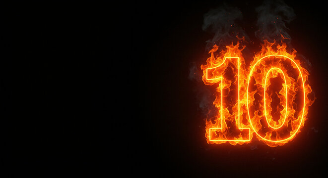 Fiery Number 10: Burning Orange Flames on Black Background - High-quality stock image for commercial use - Powered by Adobe