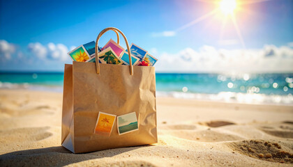 Capture vibrant summer memories with this beach tote filled with colorful postcards, perfect for holiday inspiration and travel keepsakes under a radiant sun.