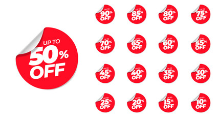 Special offer discount on red rounded tags with different value percent off 90, 85, 80, 75, 70, 65, 60, 55, 50, 45, 40, 35, 30, 25, 20, 15, 10 percentage price reduction label. Sale offer emblem set.