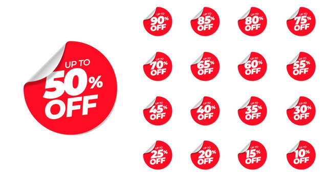 Special offer discount on red rounded tags with different value percent off 90, 85, 80, 75, 70, 65, 60, 55, 50, 45, 40, 35, 30, 25, 20, 15, 10 percentage price reduction label. Sale offer emblem set.