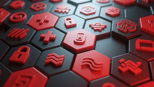 Hexagonal Grid with Red Icons Representing Various Symbols and Functions - Powered by Adobe