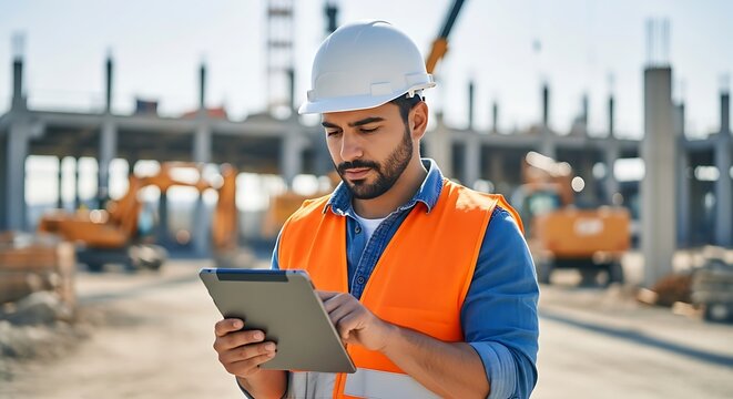 Construction worker using a tablet at a building site on a bright, sunny day.