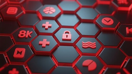 Hexagonal Grid with Technology Icons and Symbols