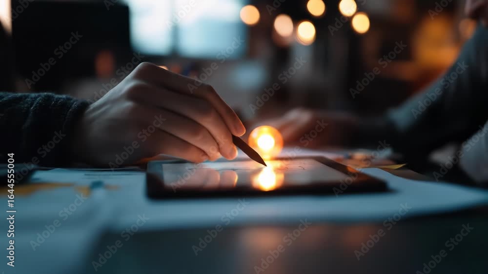 Poster modern digital workflow: designer hand using stylus pen on tablet for creative projects