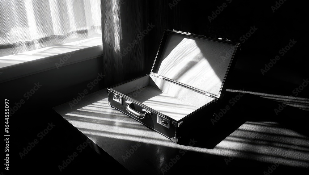 Poster monochromatic image of an empty, open suitcase on a table, sunlit, near a window with sheer curtains
