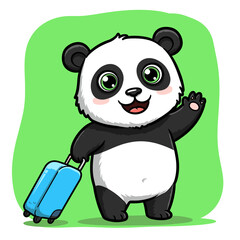 Cartoon panda waving with a blue suitcase on green background.