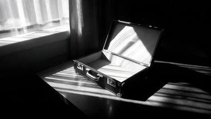Monochromatic image of an empty, open suitcase on a table, sunlit, near a window with sheer curtains; shadows cast on the table