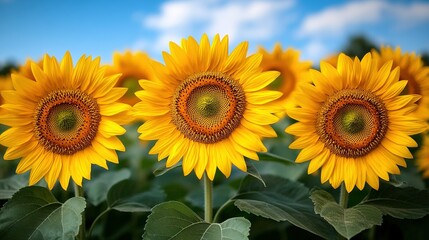 Obraz premium Close-up of sunflowers in a field under a blue sky.