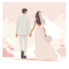 Newlywed Couple Walking Away – Elegant Pastel Pink Wedding Vector