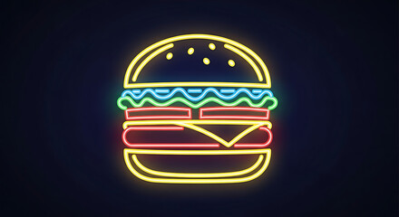 Obraz premium A bright, glowing neon sign of a hamburger with colorful layers against a dark background.