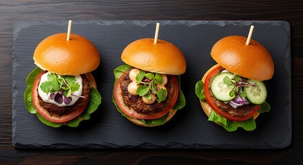 Delicious gourmet mini-burgers with fresh ingredients and toppings on a slate.