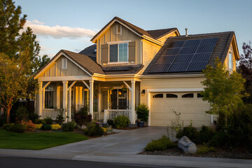 Golden hour view of suburban house in Boise, Idaho with solar panels on pitched roof.